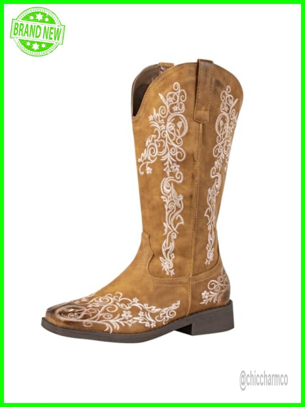 Floral Embroidered Square Toe Cowboy Boots Faux Leather Western Wide Calf
